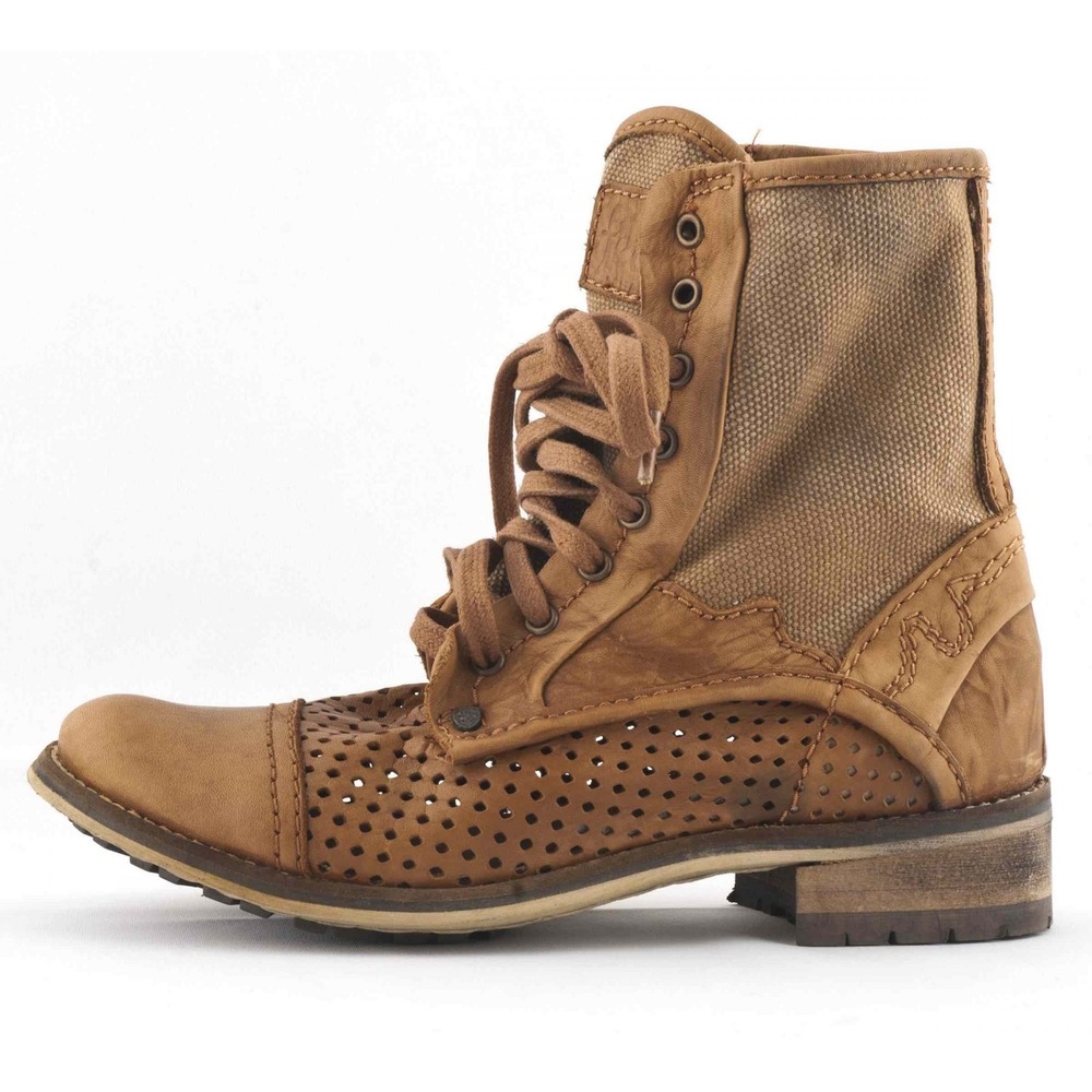 Feud Britannia Cision Tan Perforated Leather Canvas Lace Up Boots Size 37